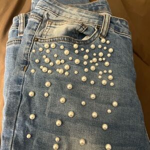 Women's Blue Pearl Embellished Jeans